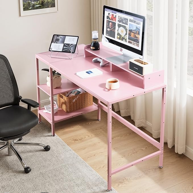 MINOSYS 47-inch Computer Desk with Storage Shelf - Ideal Gaming Desk for Bedrooms, Small Spaces, and Home Offices Modern Writing Desk for PCs,Pink Table.