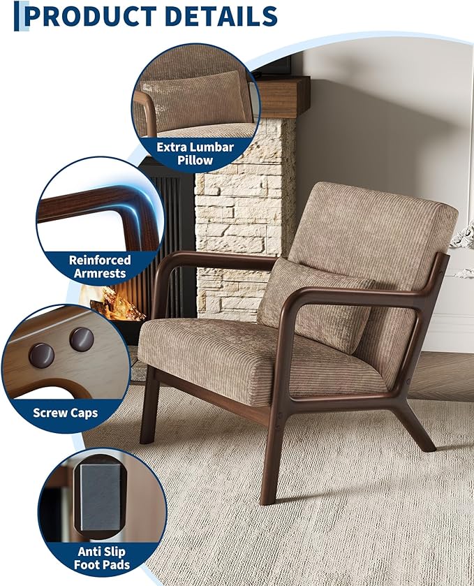 Garvee Mid-Century Modern Accent Chair, Wide-Wale Corduroy Upholstery, Solid Wood Armchair with Removable Lumbar Pillow, Sturdy Reading Chair for Living Room, Bedroom, Guest Room, Easy Assembly, Brown