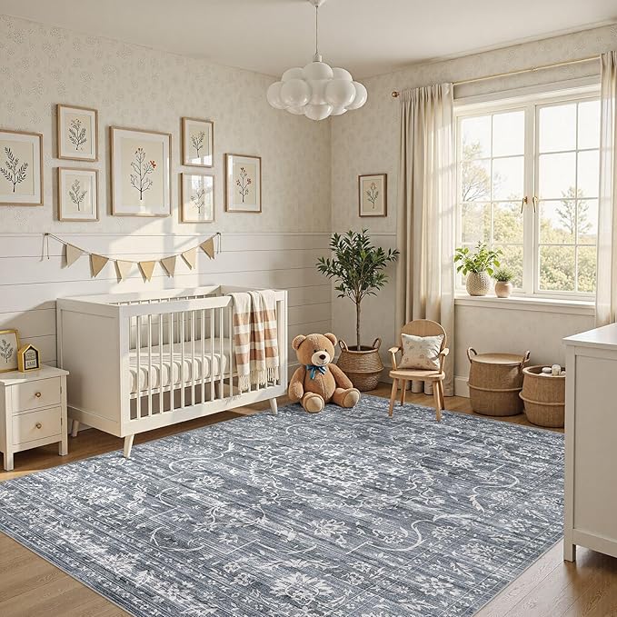 8x10 Area Rug Living Room: Washable Large Vintage Grey Rug Neutral Non-Slip Soft Stain Resistant Indoor Carpet for Bedroom Nursery Dining Room Under Table Bed Home House Office Playroom - Retro Blue