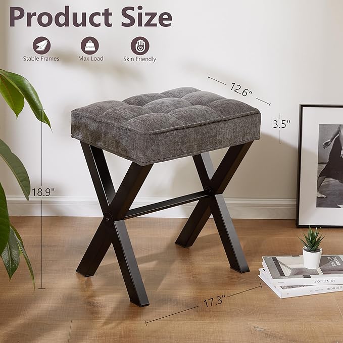 Royal Windsor Vanity Stool,Square Ottoman Stool Foot Rest,Upholstered Vanity Chair Foot Stool with Metal X Legs, Small Vanity seat for Entryway,Bedroom and Living Room,Linen Dark Grey