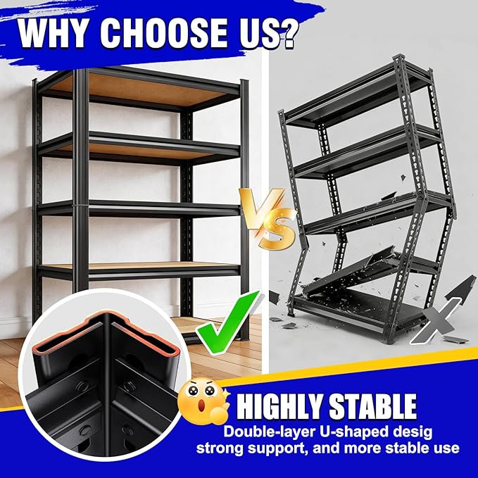 2 Pack Heavy Duty Garage Shelving - 1900 LBS Capacity 5-Tier Metal Storage Shelves, 71"H x 28"W x 12"D Adjustable Steel Utility Rack, Compact Storage Shelf for Pantry, Closet, Basement, Shed - Black