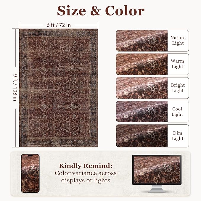Brick Red 6x9 Rugs for Living Room, Earth Tone Area Rug for Bedroom Under Bed Non Slip, Washable Vintage Distressed Dining Room Rug Under Table Rustic Farmhouse, Low Pile Ultra Thin Soft