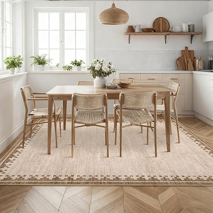 GarveeHome Cross Bordered Large Area Rug 9x12 Machine Washable Non Slip Low Pile Dining Room Carpet Geometric Stain Resistant Living Room Bedroom Home Office Rug, Beige