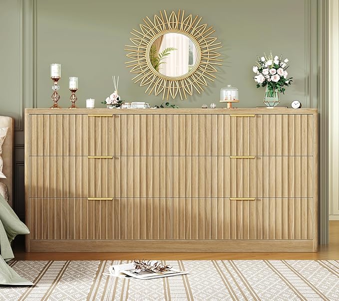 TEENFON 56.3'' Dresser for Bedroom with 6 Drawers, Dressers & Chest of Drawers with Curved Profile Design, 6 Drawer Dresser, Fluted Dressers, Wood Dressers for Bedroom, Living Room, Natural