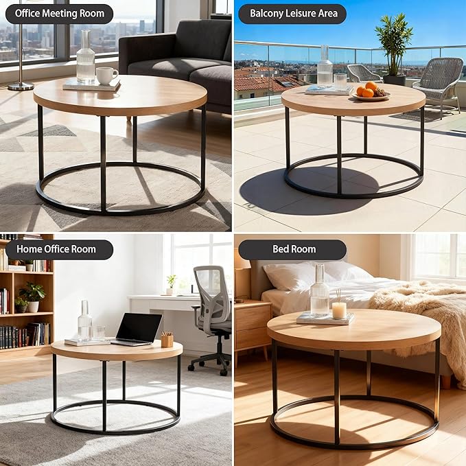 CENSI 31.5" Round Coffee Table, Modern Industrial Natural Oak Wood Center Table for Living Room, Sturdy Metal Legs, Thick 1.4" Scratch-Resistant Surface, Mid Century Farmhouse Circle Table