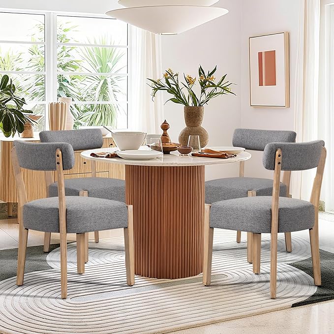 ZJhome Dining Chairs Set of 4,Mid Century Modern Dining Chair Set - Linen Upholstered Low Back Kitchen & Dining Room Chairs with Woven Design,Grey Fabric