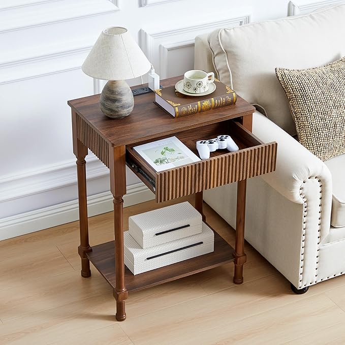XUZENEST Fluted Nightstand with Charging Station, 23.6” Large Bed Side Table End Table with Drawer, Modern Mid Century Solid Wood Legs Night Stands Bedside for Bedroom Living Room Sofa Office, Walnut