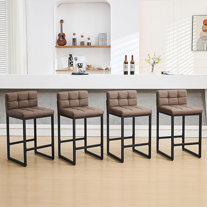 FIRAVOE Counter Height Bar Stools Set of 4, Upholstered Barstools with Back, Bar Chairs with Thickened Metal Legs, PU Leather Counter Stools for Kitchen Island (Coffee Brown, 4Pcs 26" Counter Stools)