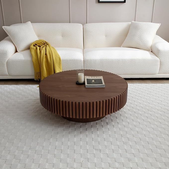 Walnut Round Coffee Table for Living Room Contemporary Circle Wood Coffee Table with Pedestal, Easy Assembly ø31.49'',