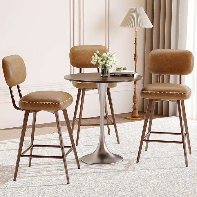 MALOL 26“ PU Leather Swivel Bar Stools Set of 2, Mid Century Counter Height Bar Chairs with Low Back and Metal Legs, Modern Bar Stool Chair for Kitchen Island, Brown