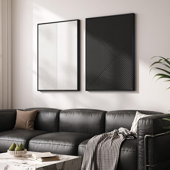 Large 3D Textured Framed Black and White Abstract Wall Art, 2 Piece Modern Minimalist Artwork for Walls, Black White Geometric Line Pictures for Living Room Bedroom Hallway Office Wall Decor 24x36 In