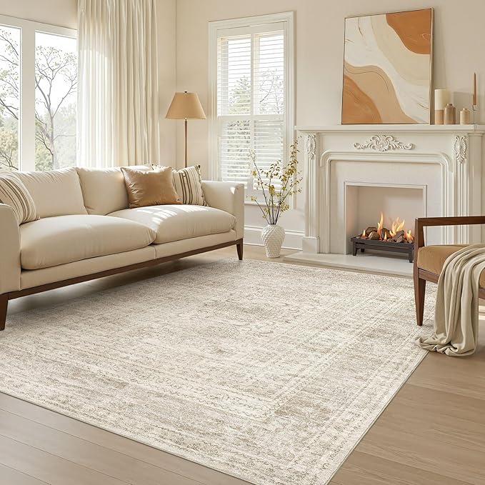 Nakagishi 5x7 Area Rugs Living Room: Washable Large Vintage Rug Neutral Non-Slip Soft Stain Resistant Indoor Carpet for Bedroom Nursery Dining Room Office Playroom - Beige Gray