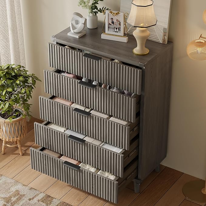 Lulive Dresser for Bedroom Wood Tall Dressers Drawers, Fluted Modern Dresser 5 Drawers (Dark Grey Oak)