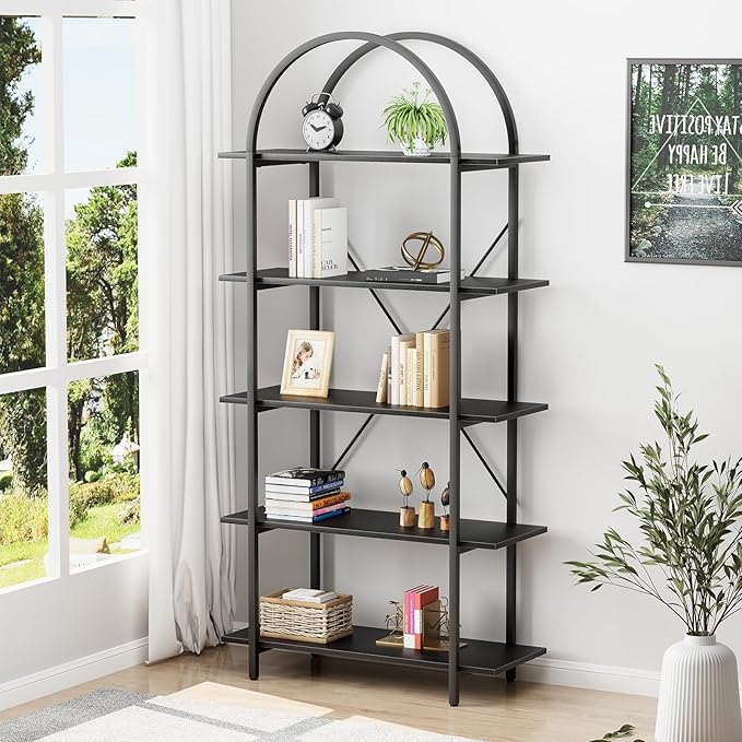Arbuxzuy Arched Bookshelf 5 Tier Book Shelf, 31.5 Inch Width Industrial Arch Bookcase, Curved Tall Bookshelf with Open Shelves for Home Office, Living Room, Bedroom, Black