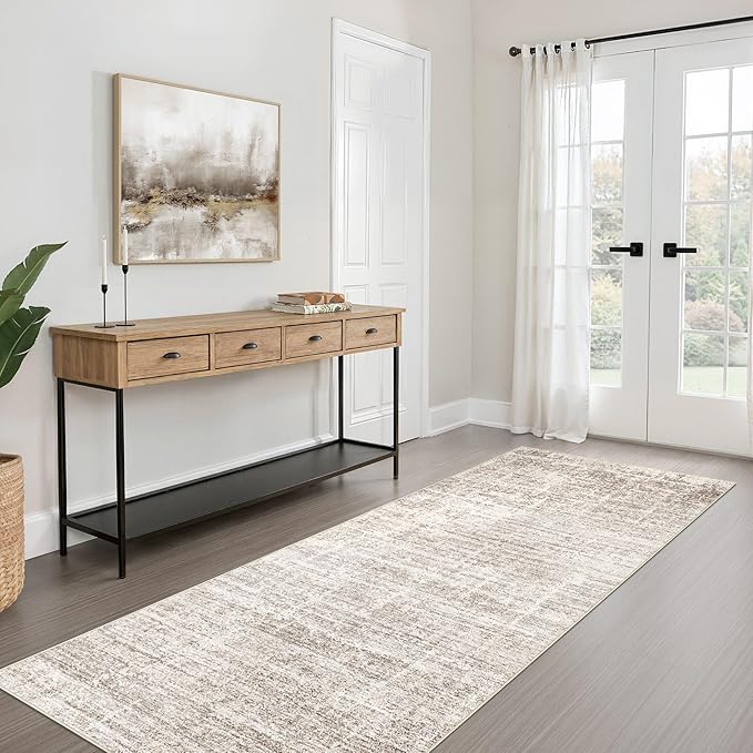 Runner Rug Non-Slip Kitchen Rug: 2x6 Washable Abstract Modern Soft Stain Resistant Indoor Floor Neutral Accent Throw Carpet for Hallway Bathroom Laundry Room Bedroom Entryway- Brown