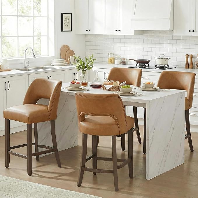 VKNOW 26" Bar Stools Set of 2, Faux Leather Counter Height Bar Stools with Backrest and Rubberwood Legs, Upholstered Barstools for Kitchen Island, Bar and Dining Room, Brown