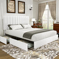 VECELO Full Size Upholstered Bed Frame with 4 Drawers and Headboard, Velvet Platform Storage Bedframe, Wooden Slats Support, No Box Spring Needed,Snow-White