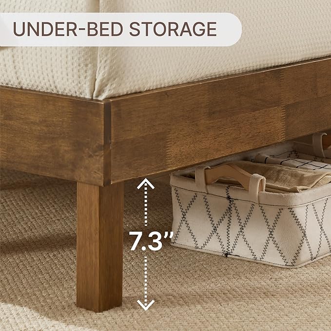 KISLOT Wood Bed Frame with Upholstered Headboard, Mid-Century Boucle Fabric Platform Modern Bed Mattress Foundation Noise-Free No Box Spring Needed Easy Assembly