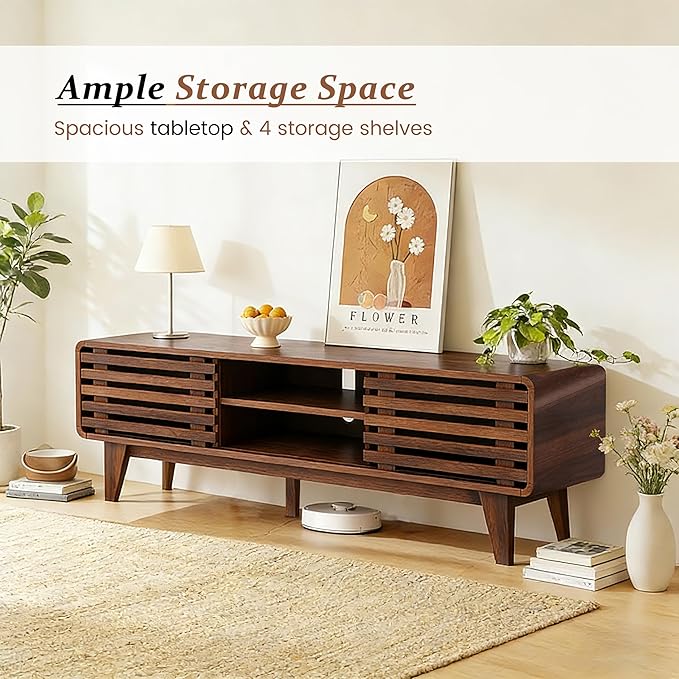 Luoxiao 55" Mid Century Modern TV Stand for 55 60 65 Inch TV, Walnut Media Console with Slatted Sliding Doors, Retro Wood Entertainment Center with Storage Shelves for Living Room, Bedroom