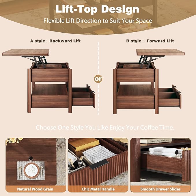 HUAHUU 40" Lift Top Coffee Table, 4 in 1 Square Coffee Table with Storage Shelf & 2 Drawers, Modern Coffee Tables with Lift Tabletop, Converts to Dining Table for Living Room, Home Office, Walnut