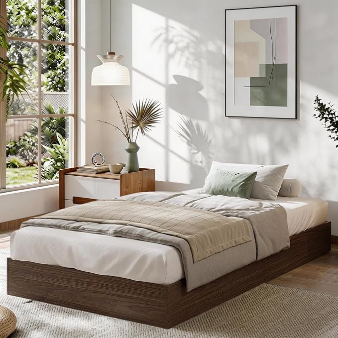 Twin XL Solid Wood Platform Bed with Sturdy Wooden Slats, Floor-Standing Bed Frame, Modern Minimalist Design Space-Saving Bed Frame, No Box Spring Needed, Space Saver, Easy Assembly, Walnut Wood