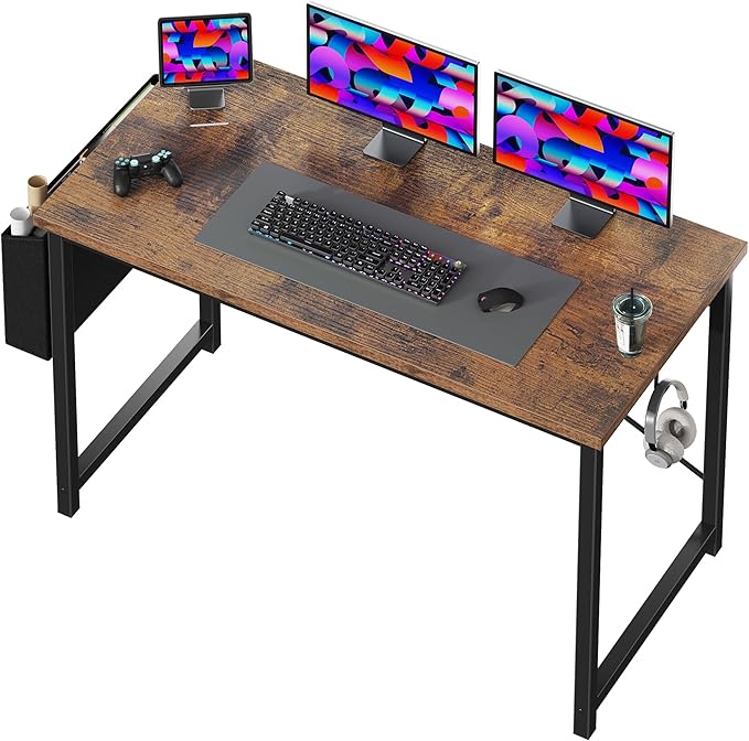 OLIXIS Computer Desk 47 Inch Home Office Desks for Small Spaces, Gaming Writing Study Work Table with Storage Bag and Headphone Hook for Bedroom, Rustic Brown