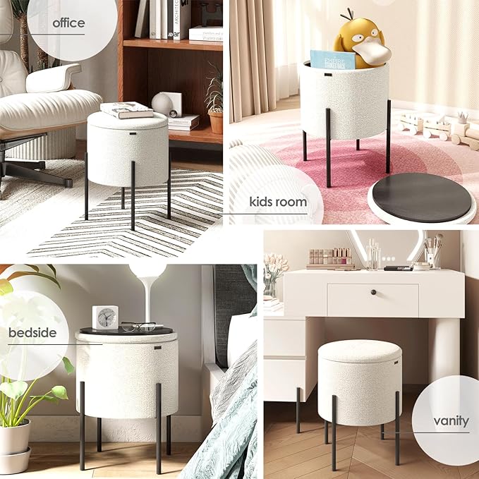 STORAGEBUD Round Ottoman with Storage, Boucle Storage Ottoman, Foot Stool Ottoman, Makeup Vanity Stool, Small Ottomans Foot Rest, Modern Ottomans for Living Room and Bedroom, Cream