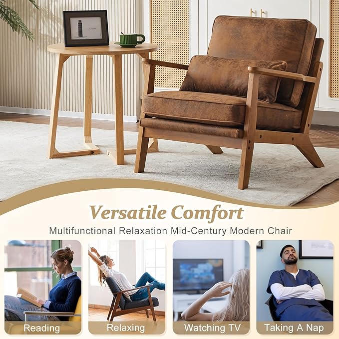 VINGLI Solid Wood Wide Armrests Accent Chair Set of 2,Upholstered Mid Century Modern Chair with Pillow,Farmhouse Arm Chair Comfy Reading Chair,Chairs Living Room,Bedroom,Guest Room,Suede,Rustic