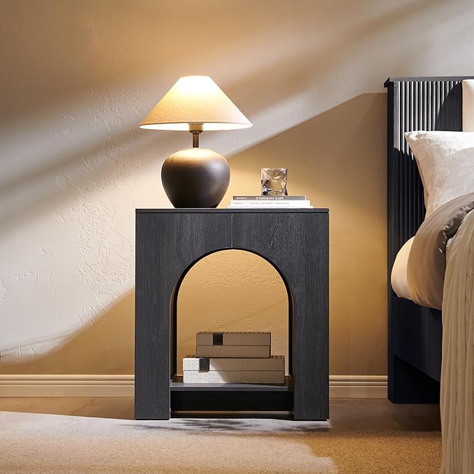Arched End Table Set of 2 with Type-C Charging Station, 22" Modern Bedroom NightStand with Arched Shelf, Side Table with Outlet, USB, Type-C Port for Bedroom, Dark Grey