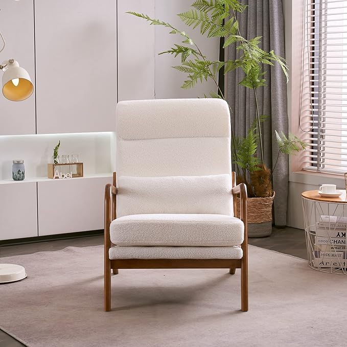 Karl home Accent Chair Mid-Century Modern Chair with Pillow High Back Teddy Fleece Upholstered Lounge Arm Chair with Solid Wood Frame & Soft Cushion for Living Room, Bedroom, Balcony, White