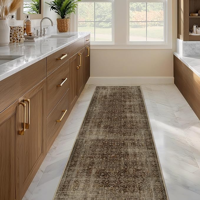 Brown Coffee Hallway Runner Rug 2x6, Dark Earth Tone Kitchen Runners Non Skid Washable 6ft, Aesthetic Distressed Carpet Floor Runners for Entryway Indoor Bedroom Bathroom, Vintage Warm Brown
