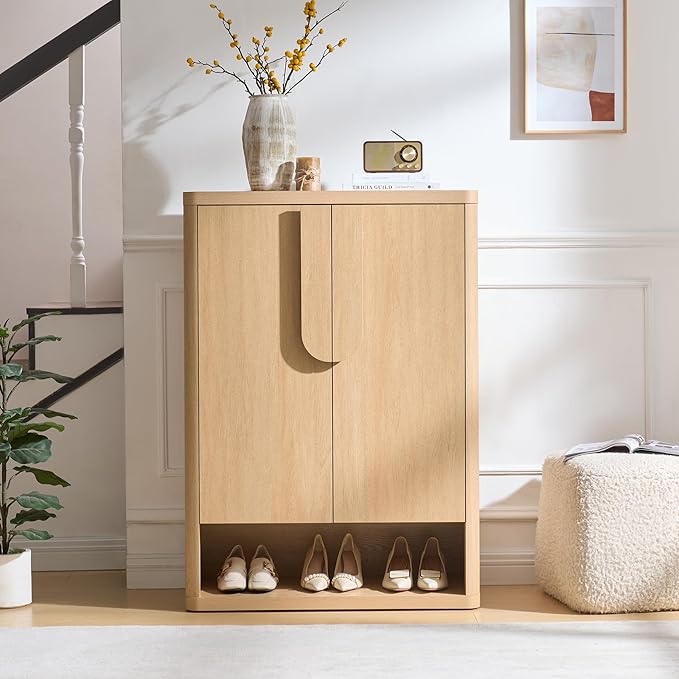 Shoe Cabinet 44" Tall Large Shoe Storage Organizer Modern Shoe Rack with Doors & 4 Shelves Minimalist Freestanding 5-Tier Shoe Storage Cabinet for Entryway Hallway Living Room, Natural, 1PC