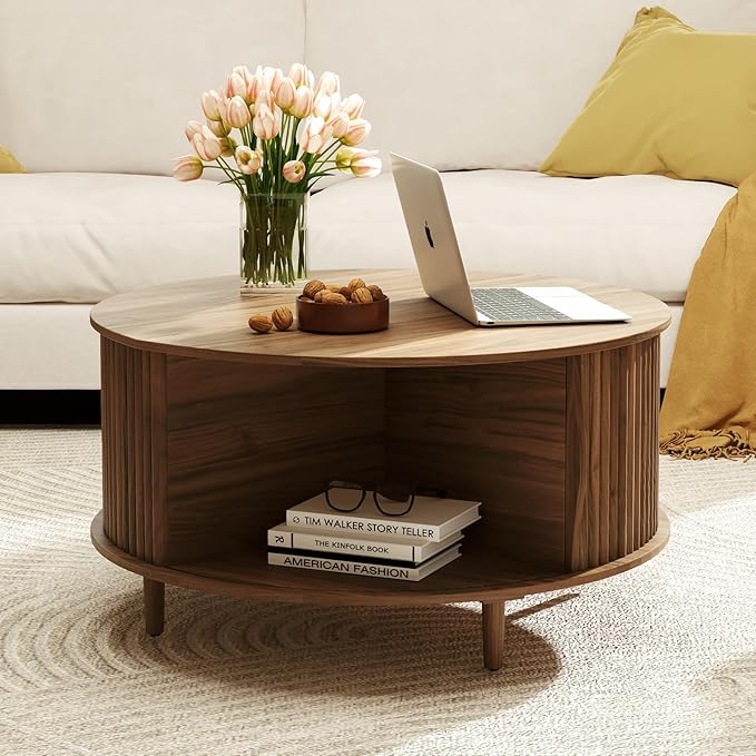 JOINICE,Round Coffee Table with Storage, 31.5" Fluted Center Table for Living Room, Modern Walnut Wood Circle Drum Table with Sliding Cabinet Door, Mid Century Furniture for Small Space