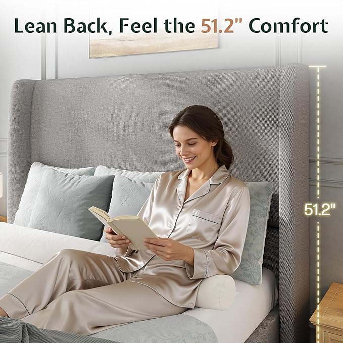Jocisland Full Size Bed Frame 51.2" Wingback Headboard Linen Upholstered Platform Bed with Solid Wood Legs & Wooden Slats, No Box Spring Needed, Modern Minimalist Style, Easy Assembly, Light Gray