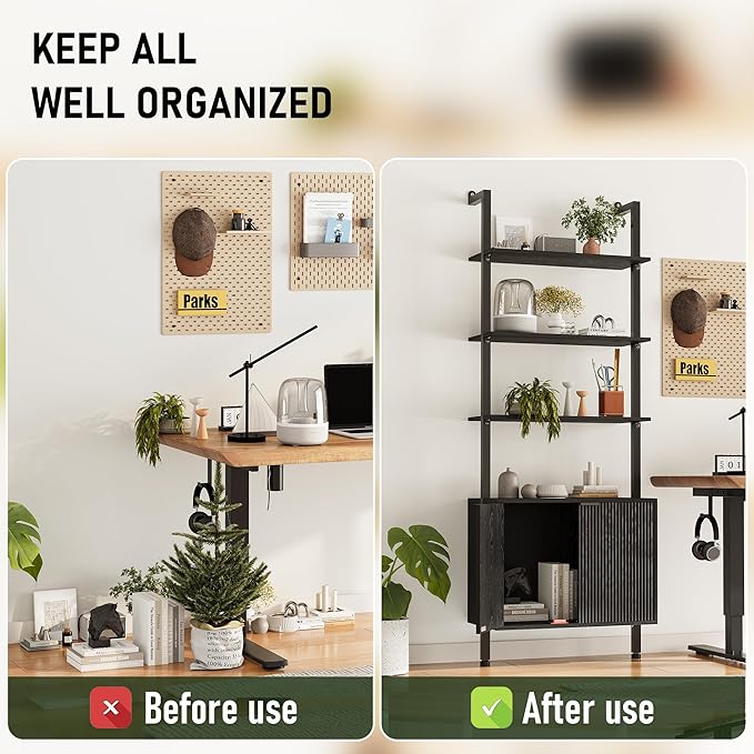 INNOD 74" Tall Bookshelf with Storage Cabinet, Modern Ladder Shelf with Wood and Metal Frame, Wall Mount Bookcase Open Display Shelf Furniture for Living Room, Bedroom, Home Office，Black