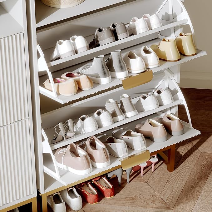 IDEALHOUSE Modern Shoe Cabinet with 2 Flip Drawers & Open Storage Shelf,Shoes Rack with Adjustable Levels,Gold Metal Handles&Fluted Panel for Entryways, Hallways, or Living Rooms(White Color)