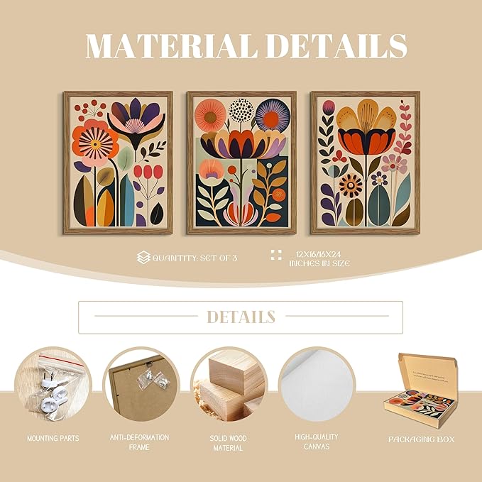 Framed Colorful Floral Wall Art Set of 3, Abstract Scandinavian Flower Canvas Wall Decor Paintings, Mid Century Modern Botanical Artwork Pictures Prints for Living Room Bedroom Dining Room 12x16 Inch