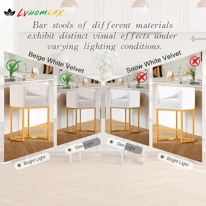 26" Modern Counter Height Bar Stools,Velvet Fabric Upholstered Barrel Barstools with Backs,Island Chairs bar stools Set of 1,Metal Gold Frames,Beige White Velvet