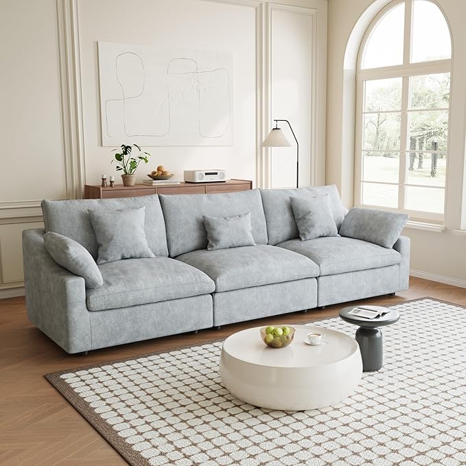 Modular Sectional Sofa Cloud Couch, 119.29" Oversized 3 Seater Sofa with Pillows, Linen Blend Fabric Minimalist Deep Seat Sofa Couches for Living Room, Sofa Covers Washable&Removable, Grey