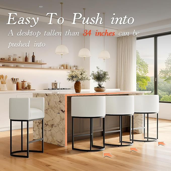 Modern Counter Height Bar Stools,Bar Stools Set of 3,PU Leather Upholstered Barrel Barstools with Backs,26'' Kitchen Island Chairs,Metal Black Frames,Beige White Leather