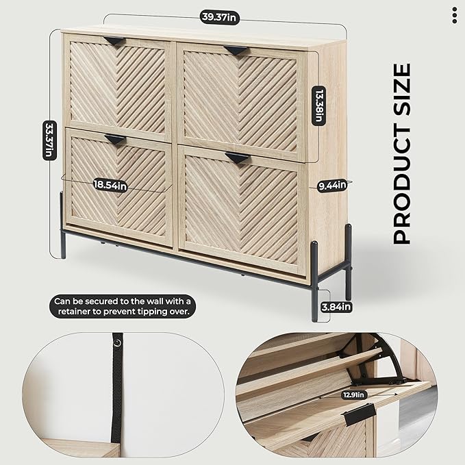 Shoe Cabinet Storage with 4 Flip Drawers, Narrow Hidden Shoes Organizer Cabinet for Entryway, Freestanding Slim Shoe Rack Front Door Entrance(Oak)