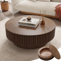 39.37'' Round Coffee Table with Storage, Modern Fluted Circle Coffee Table Unique Drum Low Center Tea Table with Solid Wood Veneered for Living Room Small Space, Mesas De Centro para Sala, Walnut