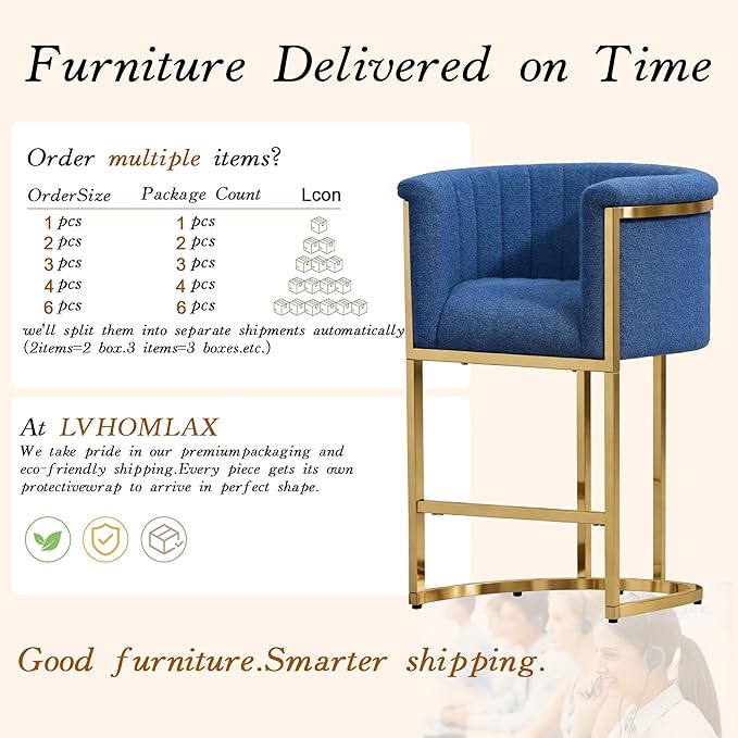 Modern Counter Height Bar Stools,Bar Stools Set of 3,Fabric Upholstered Barrel Barstools with Backs and Arms,26" Kitchen Island Chairs,Mirror Champagne Gold Base/Blue Linen