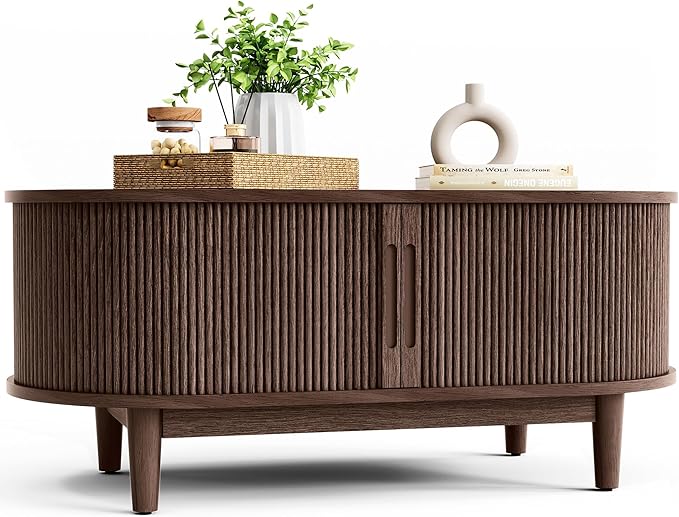 LINSY HOME Oval Coffee Table, Wood Coffee Table with Storage, Fluted Accent Center Table with Sliding Tambour Door, 39" Mid Century Modern Coffee Tables for Living Room, Bedroom, Apartment, Walnut