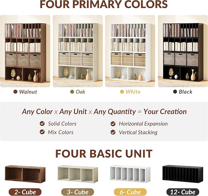 IOTXY DIY Modular Cube Bookcase - CubeXY Customizable Stackable Expandable Basic Shelving Units, 12-Cube Wooden Open Bookshelf with Removable Shelves for 10-inch Vinyl Record Storage Organizer, Walnut