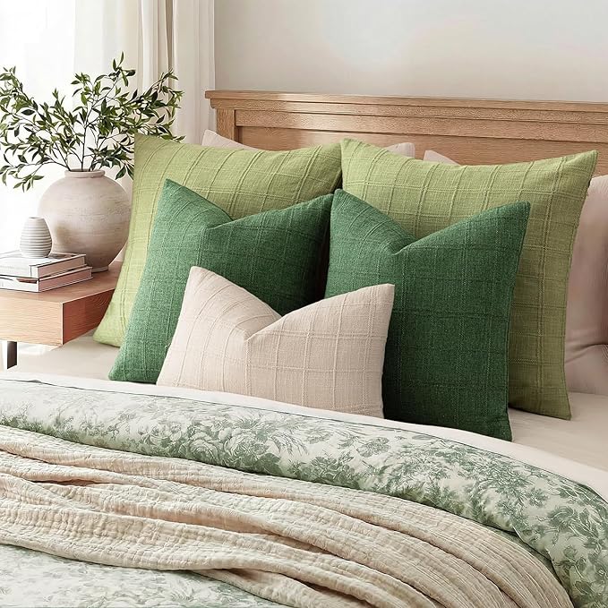 Foindtower Set of 2 Decorative Linen Check Throw Pillow Covers Neutral Farmhouse Lumbar Cushion Covers Modern Boho Accent Home Decor for Sofa Chair Couch Bedroom Living Room,12×20 Inch,Forest Green