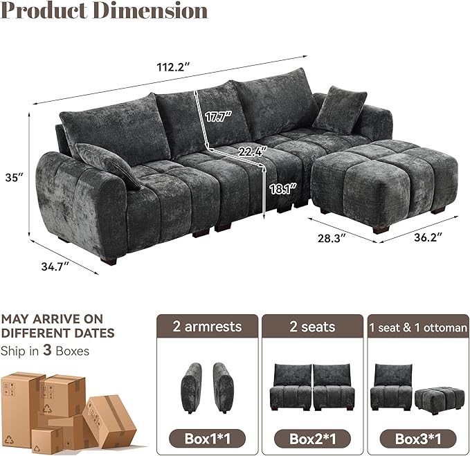 112" Mid Century Modern L Shaped Couch, 3 Seater Modular Sectional Sofa with Movable Ottoman, Deep Seat and Solid Wood Legs, Cloud Couch for Living Room, Chenille Tufted Sofa, Grey