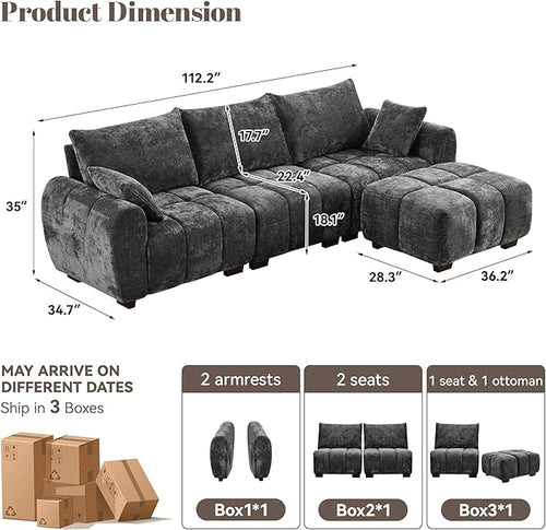 112" Mid Century Modern L Shaped Couch, 3 Seater Modular Sectional Sofa with Movable Ottoman, Deep Seat and Solid Wood Legs, Cloud Couch for Living Room, Chenille Tufted Sofa, Grey