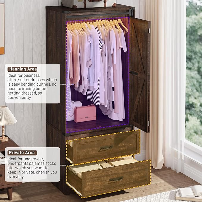 Farmhouse 2 Doors Armoire Wardrobe Closet w/ Folding Sliding Barn Door and Lights, LED Armoire Closet w/Drawers for Bedroom, Freestanding Wooden Wardrobe Storage Closet w/Hanging Rod,Rustic Brown