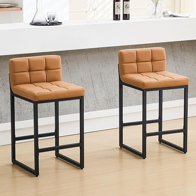 FIRAVOE Counter Height Bar Stools Set of 2, Modern Faux Leather Counter Stools with Low Back and Footrest, Upholstered Bar Chairs for Kitchen Island, Bar (Caramel Brown, 2Pcs 26" Counter Stools)